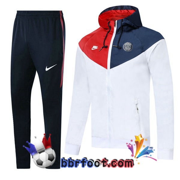 Coupe Vent Survetement Foot PSG Blanc Rouge Bleu Fonce 19/20