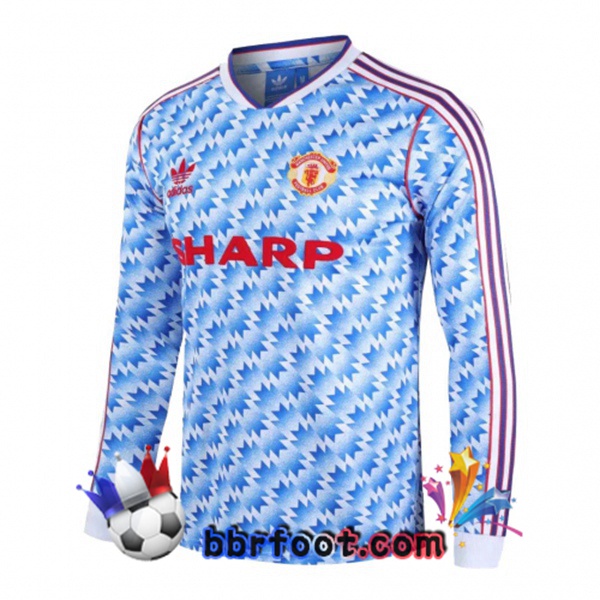 1990-1992 Manchester United Exterieur Retro Maillot de Foot Manche Longue Bleu