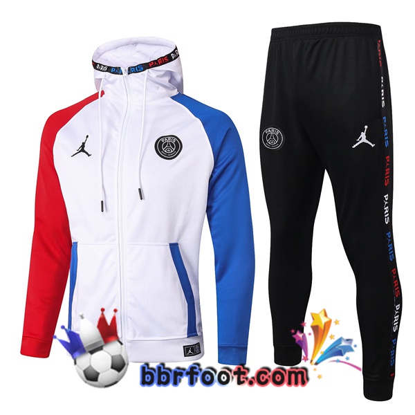 Veste A Capuche Survetement Foot Pairis PSG Jordan Blanc Rouge Bleu 20/21