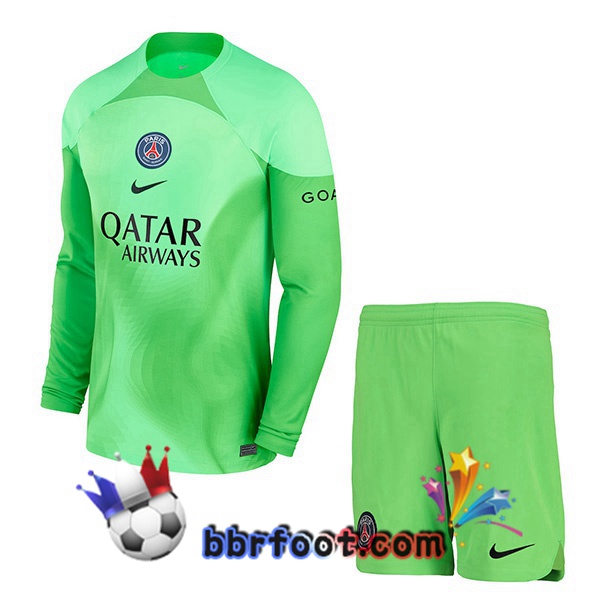 Maillot Foot Paris PSG Enfant Gardien de but Manche Longue Vert 2022/2023